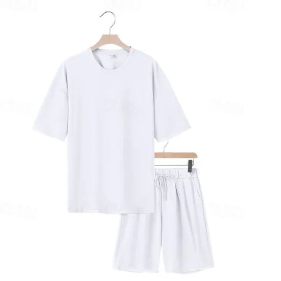 New OUKU Men's T-shirt Suits 2 Pieces Outfits Tee & Shorts Short Sleeve Crew Neck Summer Plain Fashion Casual 2 Piece Vacation Daily Wear Going out Black White Navy Blue Top Tee for Men