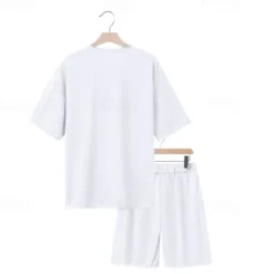 New OUKU Men's T-shirt Suits 2 Pieces Outfits Tee & Shorts Short Sleeve Crew Neck Summer Plain Fashion Casual 2 Piece Vacation Daily Wear Going out Black White Navy Blue Top Tee for Men
