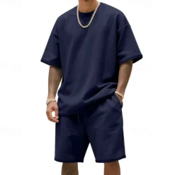 New OUKU Men's T-shirt Suits 2 Pieces Outfits Tee & Shorts Short Sleeve Crew Neck Summer Plain Fashion Casual 2 Piece Vacation Daily Wear Going out Black White Navy Blue Top Tee for Men
