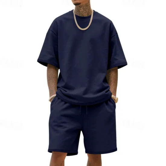 New OUKU Men's T-shirt Suits 2 Pieces Outfits Tee & Shorts Short Sleeve Crew Neck Summer Plain Fashion Casual 2 Piece Vacation Daily Wear Going out Black White Navy Blue Top Tee for Men