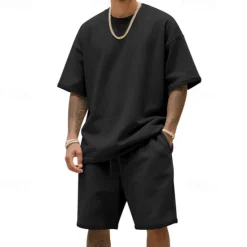 New OUKU Men's T-shirt Suits 2 Pieces Outfits Tee & Shorts Short Sleeve Crew Neck Summer Plain Fashion Casual 2 Piece Vacation Daily Wear Going out Black White Navy Blue Top Tee for Men