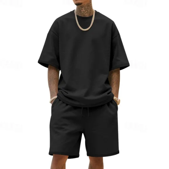 New OUKU Men's T-shirt Suits 2 Pieces Outfits Tee & Shorts Short Sleeve Crew Neck Summer Plain Fashion Casual 2 Piece Vacation Daily Wear Going out Black White Navy Blue Top Tee for Men