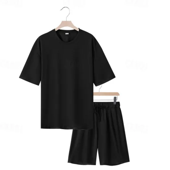 New OUKU Men's T-shirt Suits 2 Pieces Outfits Tee & Shorts Short Sleeve Crew Neck Summer Plain Fashion Casual 2 Piece Vacation Daily Wear Going out Black White Navy Blue Top Tee for Men