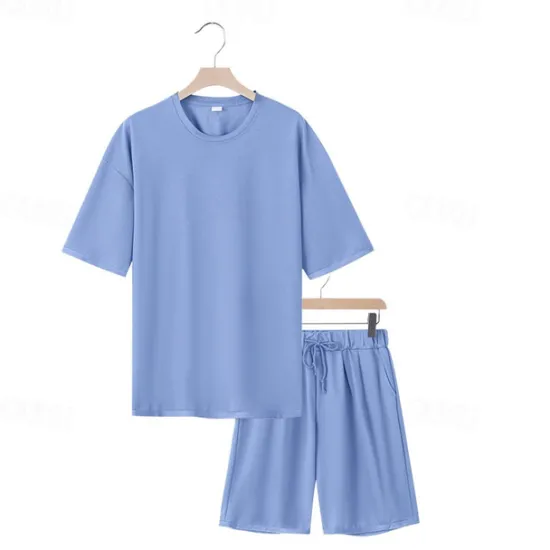New OUKU Men's T-shirt Suits 2 Pieces Outfits Tee & Shorts Short Sleeve Crew Neck Summer Plain Fashion Casual 2 Piece Vacation Daily Wear Going out Black White Navy Blue Top Tee for Men