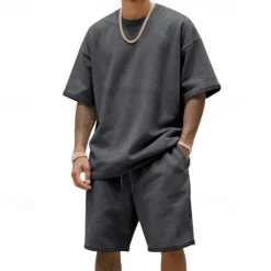 New OUKU Men's T-shirt Suits 2 Pieces Outfits Tee & Shorts Short Sleeve Crew Neck Summer Plain Fashion Casual 2 Piece Vacation Daily Wear Going out Black White Navy Blue Top Tee for Men