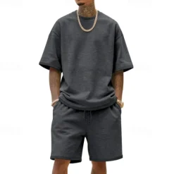 New OUKU Men's T-shirt Suits 2 Pieces Outfits Tee & Shorts Short Sleeve Crew Neck Summer Plain Fashion Casual 2 Piece Vacation Daily Wear Going out Black White Navy Blue Top Tee for Men