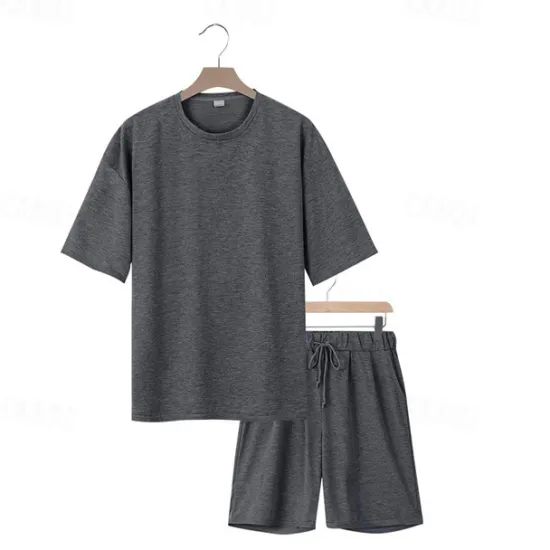 New OUKU Men's T-shirt Suits 2 Pieces Outfits Tee & Shorts Short Sleeve Crew Neck Summer Plain Fashion Casual 2 Piece Vacation Daily Wear Going out Black White Navy Blue Top Tee for Men