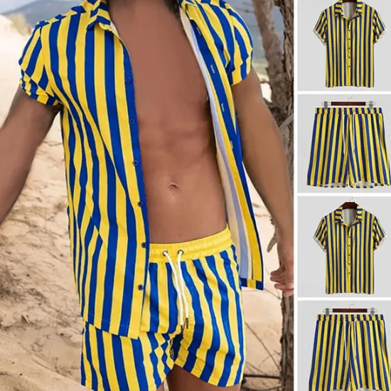 Online OUKU Men's T-shirt Suits 2 Pieces Outfits Tee & Shorts Short Sleeve Shirt Collar Summer Stripes Fashion Casual 2 Piece Vacation Daily Wear Going out Top Tee for Men Yellow