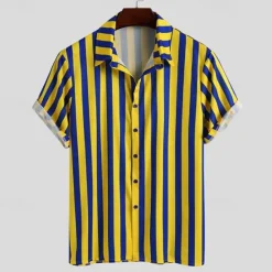 Online OUKU Men's T-shirt Suits 2 Pieces Outfits Tee & Shorts Short Sleeve Shirt Collar Summer Stripes Fashion Casual 2 Piece Vacation Daily Wear Going out Top Tee for Men Yellow