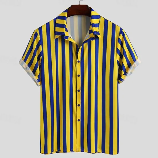 Online OUKU Men's T-shirt Suits 2 Pieces Outfits Tee & Shorts Short Sleeve Shirt Collar Summer Stripes Fashion Casual 2 Piece Vacation Daily Wear Going out Top Tee for Men Yellow