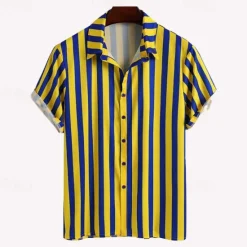 Online OUKU Men's T-shirt Suits 2 Pieces Outfits Tee & Shorts Short Sleeve Shirt Collar Summer Stripes Fashion Casual 2 Piece Vacation Daily Wear Going out Top Tee for Men Yellow