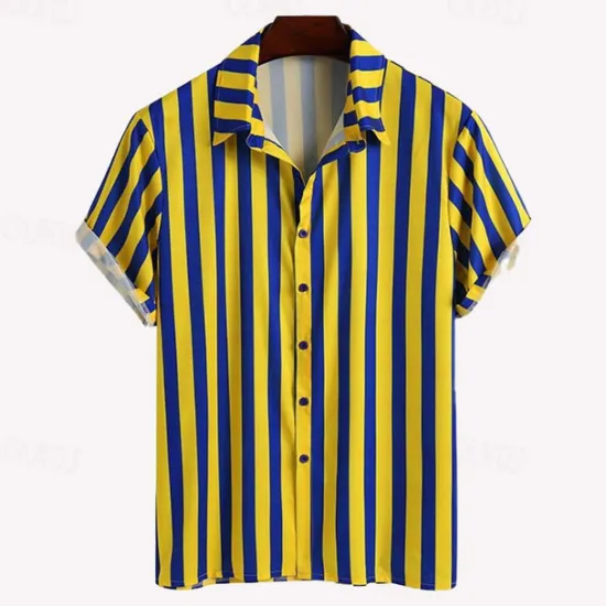 Online OUKU Men's T-shirt Suits 2 Pieces Outfits Tee & Shorts Short Sleeve Shirt Collar Summer Stripes Fashion Casual 2 Piece Vacation Daily Wear Going out Top Tee for Men Yellow
