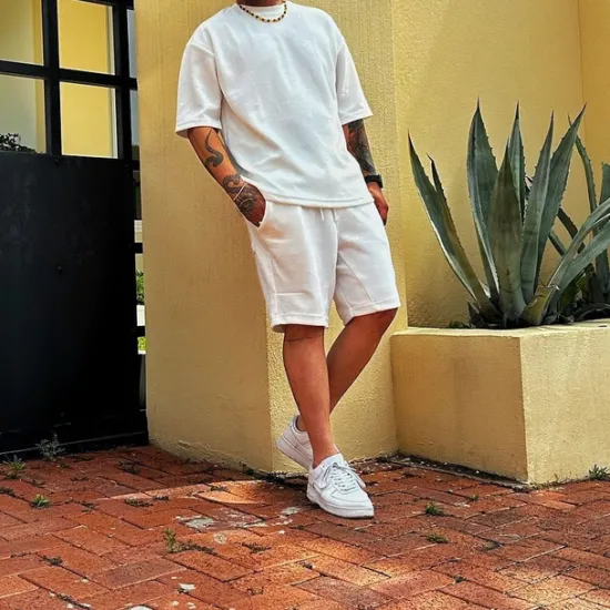 New OUKU Men's T-shirt Suits 2 Pieces Outfits Tee & Shorts Short Sleeve Crew Neck Summer Plain Fashion Casual 2 Piece Vacation Daily Wear Going out Top Tee for Men Beige
