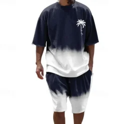 Clearance OUKU Men's T-shirt Suits 2 Pieces Outfits Tee & Shorts Short Sleeve Crew Neck Summer Coconut Tree Gradual Fashion Casual 2 Piece Vacation Daily Wear Going out Black Navy Blue Blue Top Tee for Men