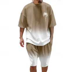 Clearance OUKU Men's T-shirt Suits 2 Pieces Outfits Tee & Shorts Short Sleeve Crew Neck Summer Coconut Tree Gradual Fashion Casual 2 Piece Vacation Daily Wear Going out Black Navy Blue Blue Top Tee for Men