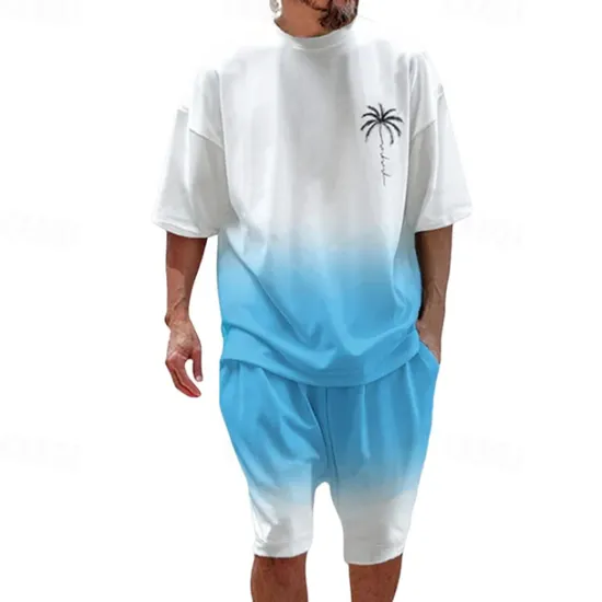 Clearance OUKU Men's T-shirt Suits 2 Pieces Outfits Tee & Shorts Short Sleeve Crew Neck Summer Coconut Tree Gradual Fashion Casual 2 Piece Vacation Daily Wear Going out Black Navy Blue Blue Top Tee for Men