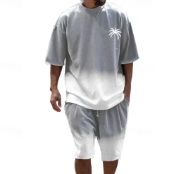 Clearance OUKU Men's T-shirt Suits 2 Pieces Outfits Tee & Shorts Short Sleeve Crew Neck Summer Coconut Tree Gradual Fashion Casual 2 Piece Vacation Daily Wear Going out Black Navy Blue Blue Top Tee for Men