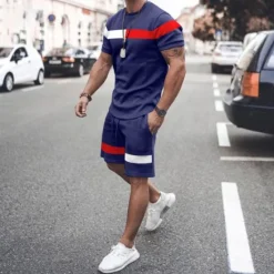 OUKU Men's T-shirt Suits 2 Pieces Outfits Tee & Shorts Short Sleeve Crewneck Summer Color Block Fashion Casual 2 Piece Vacation Daily Wear Going out Black Pink White Top Tee for Men