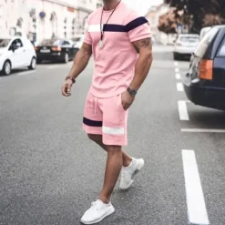 OUKU Men's T-shirt Suits 2 Pieces Outfits Tee & Shorts Short Sleeve Crewneck Summer Color Block Fashion Casual 2 Piece Vacation Daily Wear Going out Black Pink White Top Tee for Men