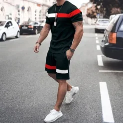 OUKU Men's T-shirt Suits 2 Pieces Outfits Tee & Shorts Short Sleeve Crewneck Summer Color Block Fashion Casual 2 Piece Vacation Daily Wear Going out Black Pink White Top Tee for Men