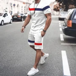 OUKU Men's T-shirt Suits 2 Pieces Outfits Tee & Shorts Short Sleeve Crewneck Summer Color Block Fashion Casual 2 Piece Vacation Daily Wear Going out Black Pink White Top Tee for Men