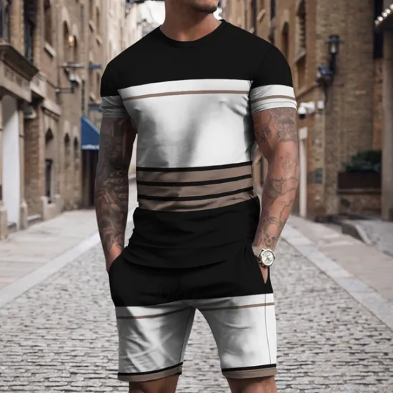 Clearance OUKU Men's T-shirt Suits 2 Pieces Outfits Tee & Shorts Short Sleeve Crew Neck Summer Color Block Stripes Fashion Casual 2 Piece Vacation Daily Wear Going out Black Blue Brown Top Tee for Men