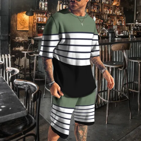 Clearance OUKU Men's T-shirt Suits 2 Pieces Outfits Tee & Shorts Short Sleeve Crew Neck Summer Color Block Stripes Fashion Casual 2 Piece Vacation Daily Wear Going out Black Blue Brown Top Tee for Men