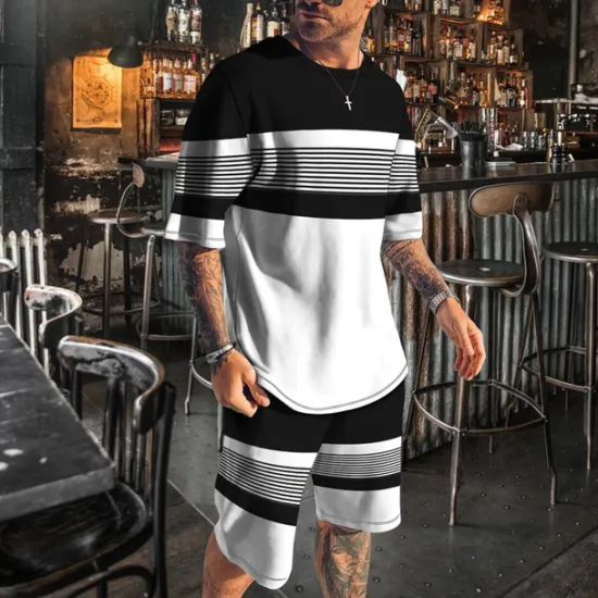 Clearance OUKU Men's T-shirt Suits 2 Pieces Outfits Tee & Shorts Short Sleeve Crew Neck Summer Color Block Stripes Fashion Casual 2 Piece Vacation Daily Wear Going out Black Blue Brown Top Tee for Men