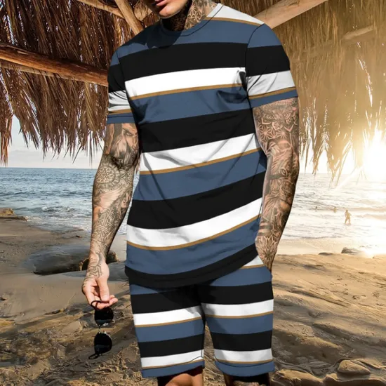 Clearance OUKU Men's T-shirt Suits 2 Pieces Outfits Tee & Shorts Short Sleeve Crew Neck Summer Color Block Stripes Fashion Casual 2 Piece Vacation Daily Wear Going out Black Blue Brown Top Tee for Men
