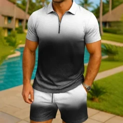 Sale OUKU Men's T-shirt Suits 2 Pieces Outfits Tee & Shorts Short Sleeve Quarter Zip Summer Gradual Fashion Casual 2 Piece Vacation Daily Wear Going out Black Brown Top Tee for Men