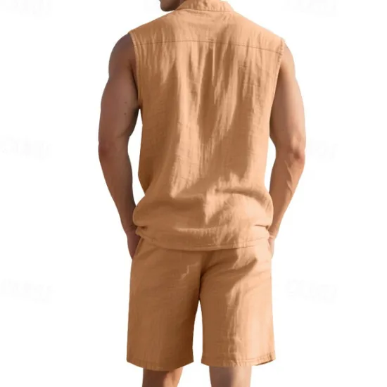 New OUKU Men's T-shirt Suits 2 Pieces Outfits Tee & Shorts Sleeveless Lapel Summer Plain Fashion Casual 2 Piece Vacation Daily Wear Going out Black White Yellow Top Tee for Men