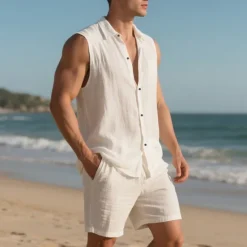 New OUKU Men's T-shirt Suits 2 Pieces Outfits Tee & Shorts Sleeveless Lapel Summer Plain Fashion Casual 2 Piece Vacation Daily Wear Going out Black White Yellow Top Tee for Men