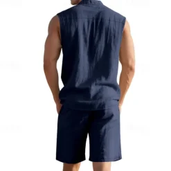 New OUKU Men's T-shirt Suits 2 Pieces Outfits Tee & Shorts Sleeveless Lapel Summer Plain Fashion Casual 2 Piece Vacation Daily Wear Going out Black White Yellow Top Tee for Men