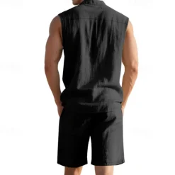 New OUKU Men's T-shirt Suits 2 Pieces Outfits Tee & Shorts Sleeveless Lapel Summer Plain Fashion Casual 2 Piece Vacation Daily Wear Going out Black White Yellow Top Tee for Men
