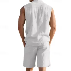 New OUKU Men's T-shirt Suits 2 Pieces Outfits Tee & Shorts Sleeveless Lapel Summer Plain Fashion Casual 2 Piece Vacation Daily Wear Going out Black White Yellow Top Tee for Men