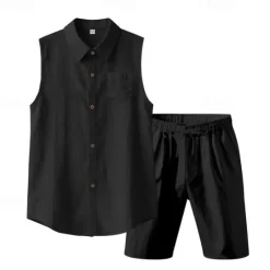 New OUKU Men's T-shirt Suits 2 Pieces Outfits Tee & Shorts Sleeveless Lapel Summer Plain Fashion Casual 2 Piece Vacation Daily Wear Going out Black White Yellow Top Tee for Men