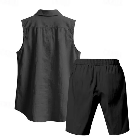 New OUKU Men's T-shirt Suits 2 Pieces Outfits Tee & Shorts Sleeveless Lapel Summer Plain Fashion Casual 2 Piece Vacation Daily Wear Going out Black White Yellow Top Tee for Men