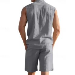 New OUKU Men's T-shirt Suits 2 Pieces Outfits Tee & Shorts Sleeveless Lapel Summer Plain Fashion Casual 2 Piece Vacation Daily Wear Going out Black White Yellow Top Tee for Men