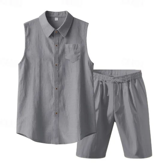 New OUKU Men's T-shirt Suits 2 Pieces Outfits Tee & Shorts Sleeveless Lapel Summer Plain Fashion Casual 2 Piece Vacation Daily Wear Going out Black White Yellow Top Tee for Men