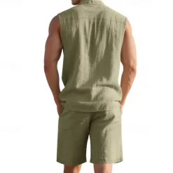New OUKU Men's T-shirt Suits 2 Pieces Outfits Tee & Shorts Sleeveless Lapel Summer Plain Fashion Casual 2 Piece Vacation Daily Wear Going out Black White Yellow Top Tee for Men