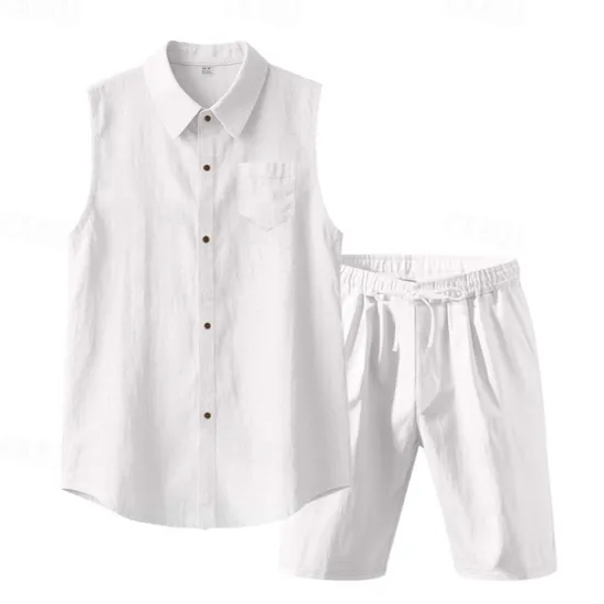 New OUKU Men's T-shirt Suits 2 Pieces Outfits Tee & Shorts Sleeveless Lapel Summer Plain Fashion Casual 2 Piece Vacation Daily Wear Going out Black White Yellow Top Tee for Men