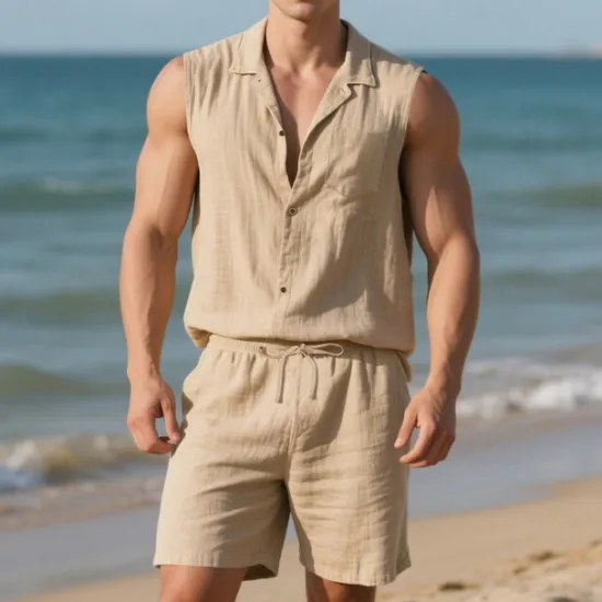 New OUKU Men's T-shirt Suits 2 Pieces Outfits Tee & Shorts Sleeveless Lapel Summer Plain Fashion Casual 2 Piece Vacation Daily Wear Going out Black White Yellow Top Tee for Men