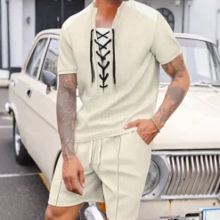 Outlet OUKU Men's T-shirt Suits 2 Pieces Outfits Tee & Shorts Short Sleeve Crewneck Summer Color Block Fashion Casual Drawstring 2 Piece Vacation Daily Wear Going out Black White Wine Top Tee for Men