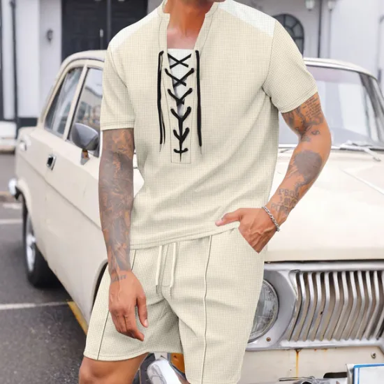 Outlet OUKU Men's T-shirt Suits 2 Pieces Outfits Tee & Shorts Short Sleeve Crewneck Summer Color Block Fashion Casual Drawstring 2 Piece Vacation Daily Wear Going out Black White Wine Top Tee for Men