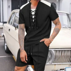 Outlet OUKU Men's T-shirt Suits 2 Pieces Outfits Tee & Shorts Short Sleeve Crewneck Summer Color Block Fashion Casual Drawstring 2 Piece Vacation Daily Wear Going out Black White Wine Top Tee for Men
