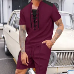 Outlet OUKU Men's T-shirt Suits 2 Pieces Outfits Tee & Shorts Short Sleeve Crewneck Summer Color Block Fashion Casual Drawstring 2 Piece Vacation Daily Wear Going out Black White Wine Top Tee for Men