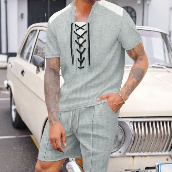 Outlet OUKU Men's T-shirt Suits 2 Pieces Outfits Tee & Shorts Short Sleeve Crewneck Summer Color Block Fashion Casual Drawstring 2 Piece Vacation Daily Wear Going out Black White Wine Top Tee for Men