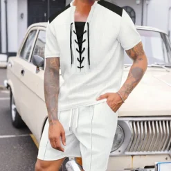 Outlet OUKU Men's T-shirt Suits 2 Pieces Outfits Tee & Shorts Short Sleeve Crewneck Summer Color Block Fashion Casual Drawstring 2 Piece Vacation Daily Wear Going out Black White Wine Top Tee for Men