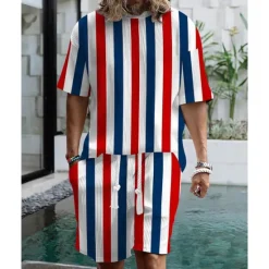 Clearance OUKU Men's T-shirt Suits 2 Pieces Outfits Tee & Shorts Short Sleeve Crew Neck Summer Striped Fashion Casual 2 Piece Vacation Daily Wear Going out Black Red Blue Top Tee for Men