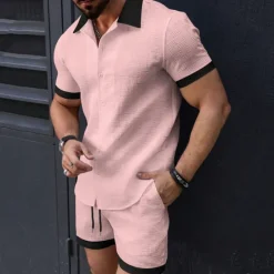 New OUKU Men's T-shirt Suits 2 Pieces Outfits Tee & Shorts Short Sleeve Lapel Summer Plain Fashion Casual Patchwork 2 Piece Jacquard Vacation Daily Wear Going out Black White Pink Top Tee for Men